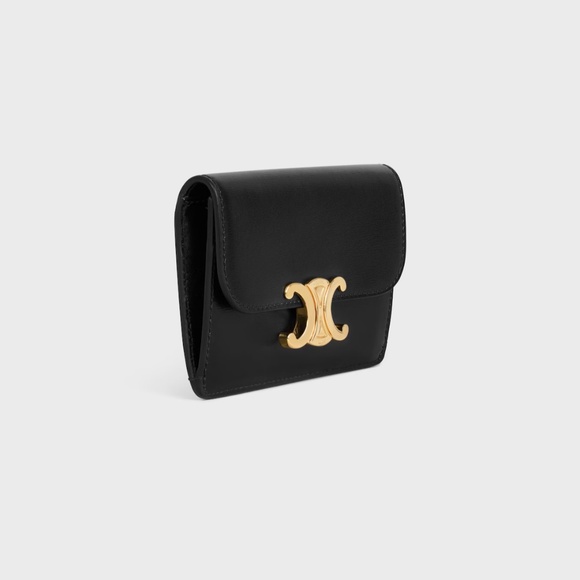 Celine Card Holder with Flap Triomphe in Black Shiny Calfskin and Gold - Picture 7 of 8